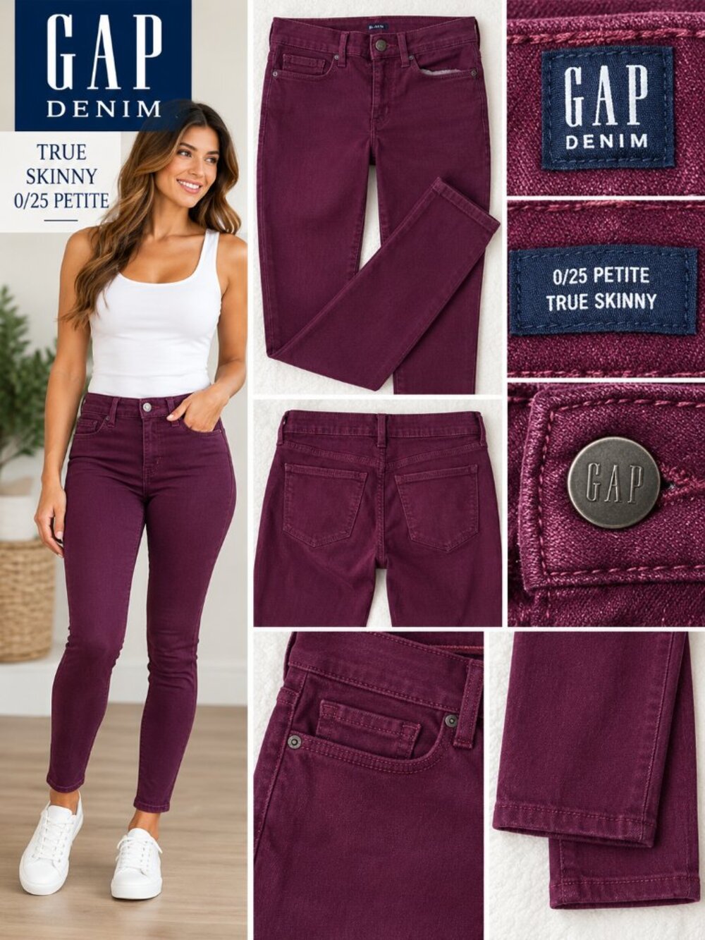 GAP Denim True Skinny Jeans 0/25 Petite Burgundy Plum Stretch Skinny Jeans